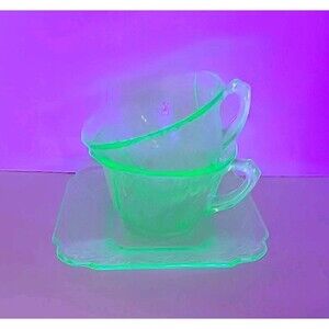 Vintage Uranium 2 Teacups And 1 Saucer Anchor Hocking Princess Pattern Chipped